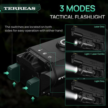 Terreas Upgraded 2000 Lumens Magnetic Rechargeable Weapon Light & Green Laser Combo, Aluminum Alloy Tactical Flashlight with Adjustable Rail, Strobe Mode, Fits Most Picatinny/GL Rail & Holsters