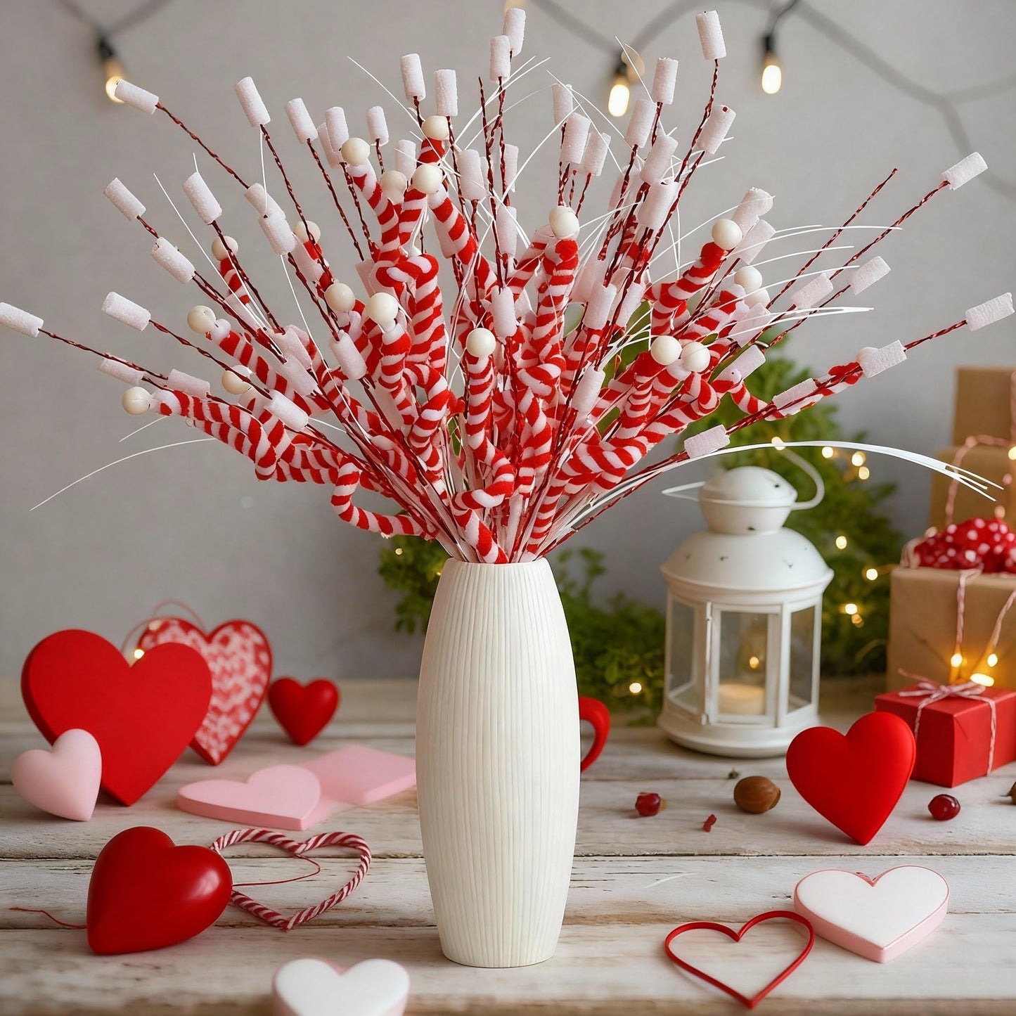 Suncalla 6 Pcs Valentine's Day Tree Decorations 16'' Red and White Stripes Valentines Picks Peppermint Candy Cane Curls Picks Warm Woolen Sticks Tree Topper Ornaments for Vase Wreath Garland Craft