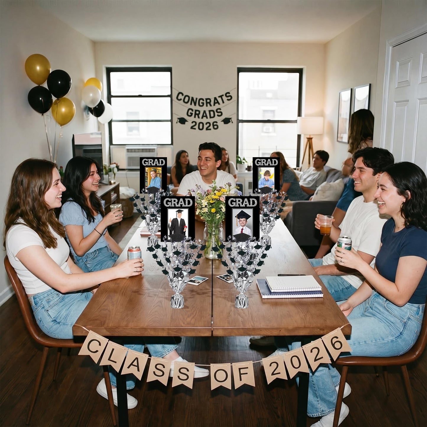 Capoda 6 Pack Graduation Table Centerpiece Party Decoration Metallic Foil Spray Centerpiece Glitter Star Tabletop Decor for 2026 Graduation Party Congrats Grad Decor Supplies (Photo,Black Silver)