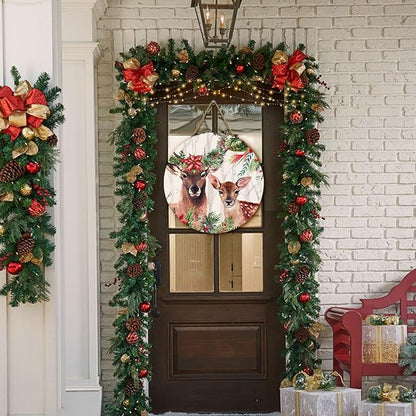 Deer Xmas Door Hanger Holly Tree Flowers Sign for Front Door Winter Deer Floral Hanging Porch Christma Decorations for Outdoor