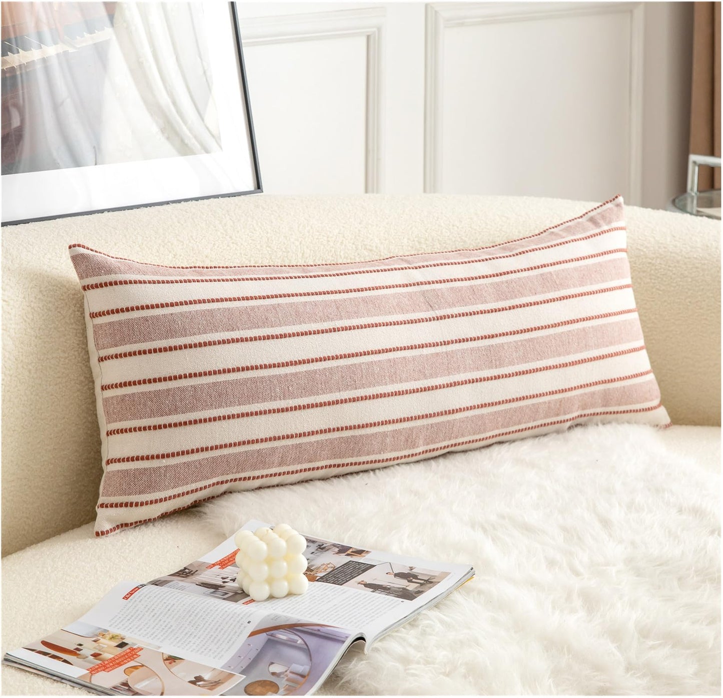 Cethom Decorative Boho Lumbar Pillow Covers, Modern Farmhouse Couch Pillowcase, 14 x 36 Long Accent Body Throw Pillow Covers, Sofa Bed Living Room Decor Cushion Case, Rust and Beige, Pack of 1