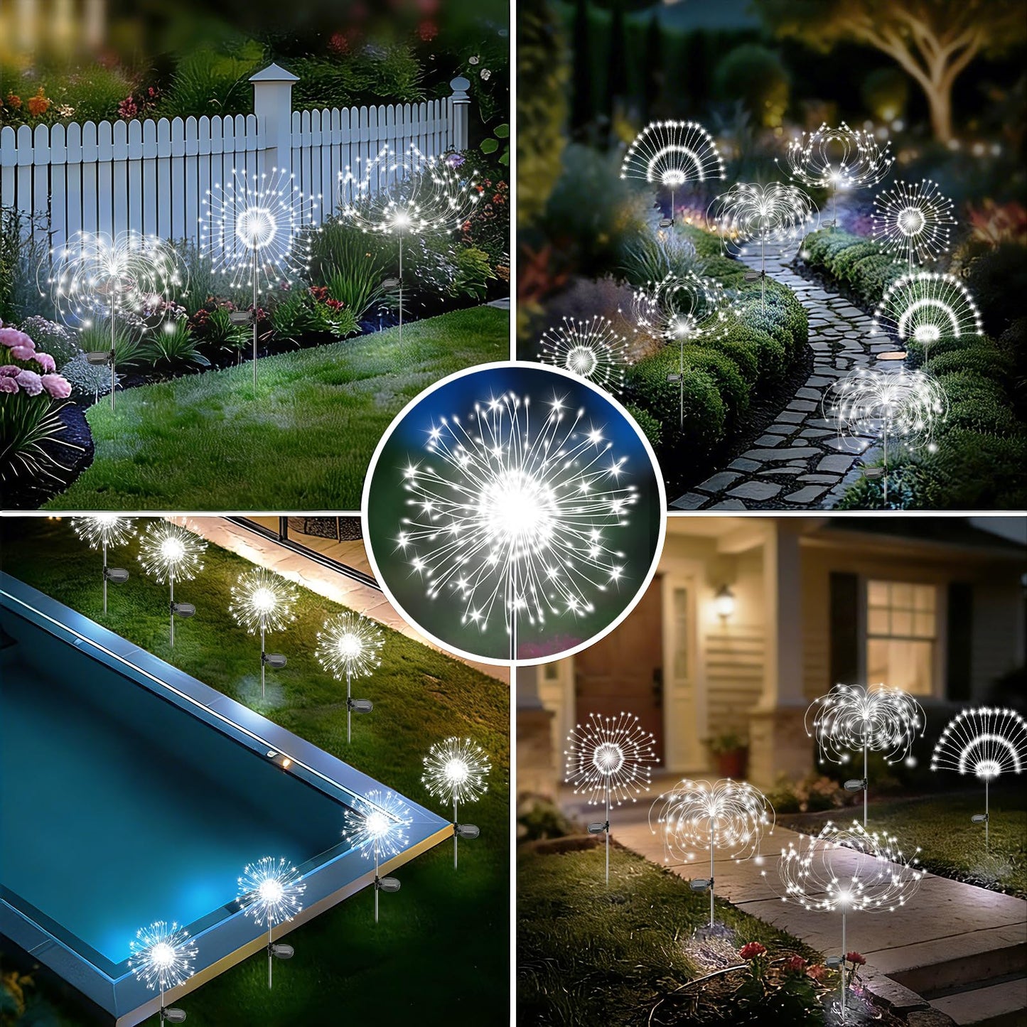 Soomit Solar Garden Lights Outdoor, 2 Pack 120 LED Twinkling Firework Lights Decorative with 2 Modes, Outdoor Waterproof Solar Starburst Light for Yard Pathway Planter Patio Decor, White