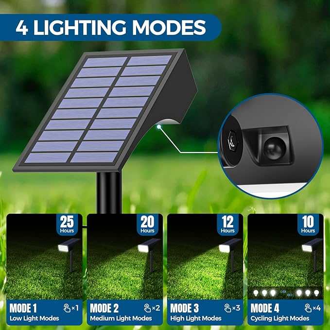Solar Lights Outdoor Waterproof, Solar Spot Lights- 2 Pack/4 Mode LED Spotlights 2-in-1 Auto On/Off Powered Landscape Lighting for Outside Yard Wall Garden Path Driveway, Cool White