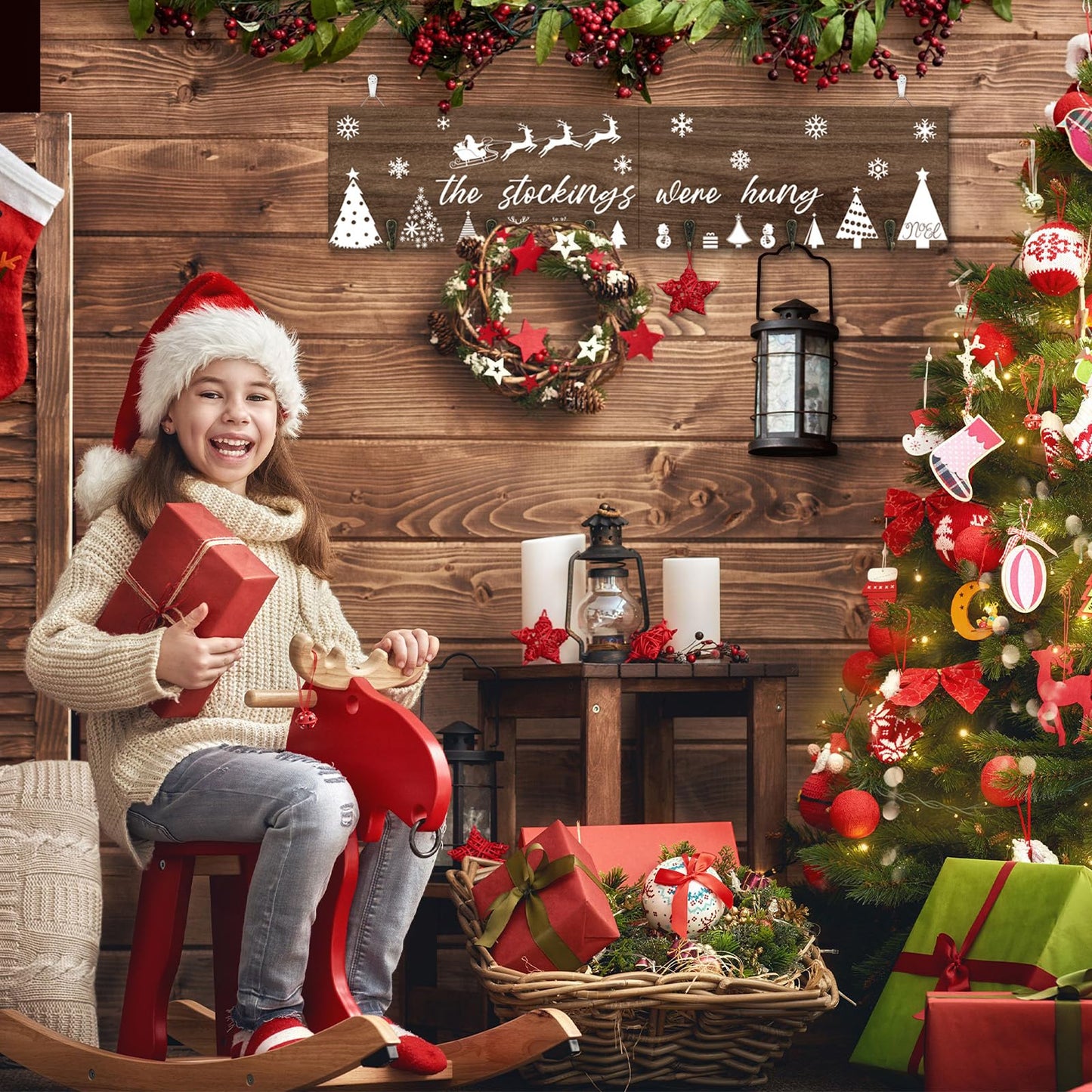 LIKAJON Wooden Christmas Stocking Holder for Wall, 24.8 Inches Xmas Stocking Hangers for Wall, The Stocking were Hung Wood Hanging Sign with 6 Hangers for Christmas Fireplace Mantel Decorations