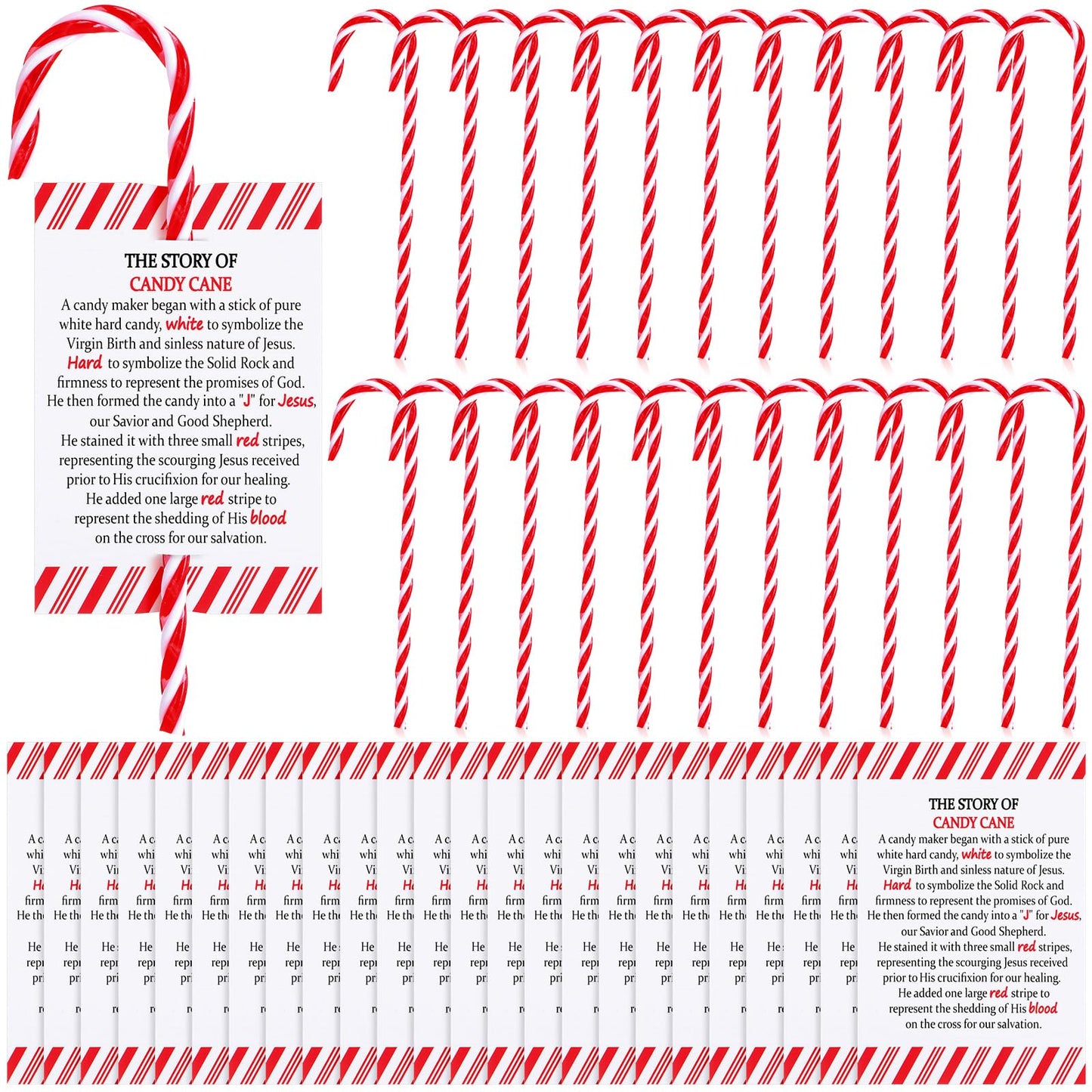 Cinnvoice 50 Sets Christmas Candy Cane Ornament and Candy Cane Meaning Story Cards Plastic Christmas Tree Hanging Ornaments Twisted Red and White Tree Decoration for Xmas Party Supplies