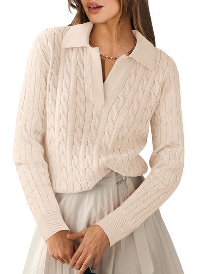 ANRABESS Womens Cable Knit Sweaters Long Sleeve V Neck Sweater Tops Casual Pullover Polo Shirts 2025 Fall Fashion Outfits