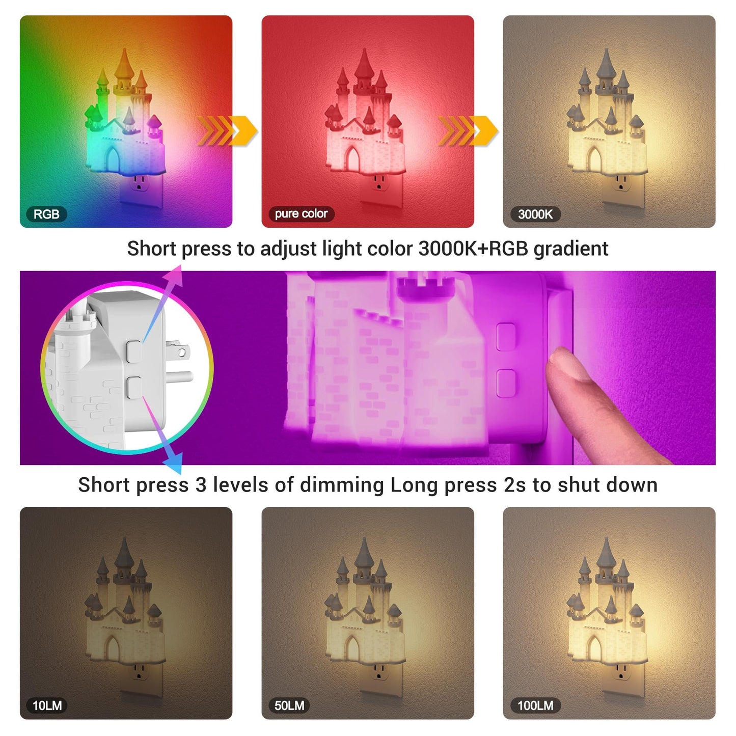 JandCase Night Lights Plug into Wall,3D Printed Castle RGB Night Light,2 Pack 10-Color Change Night Light,Dimmable Nightlights with Dusk to Dawn Sensor for Rooms Bathroom Hallway