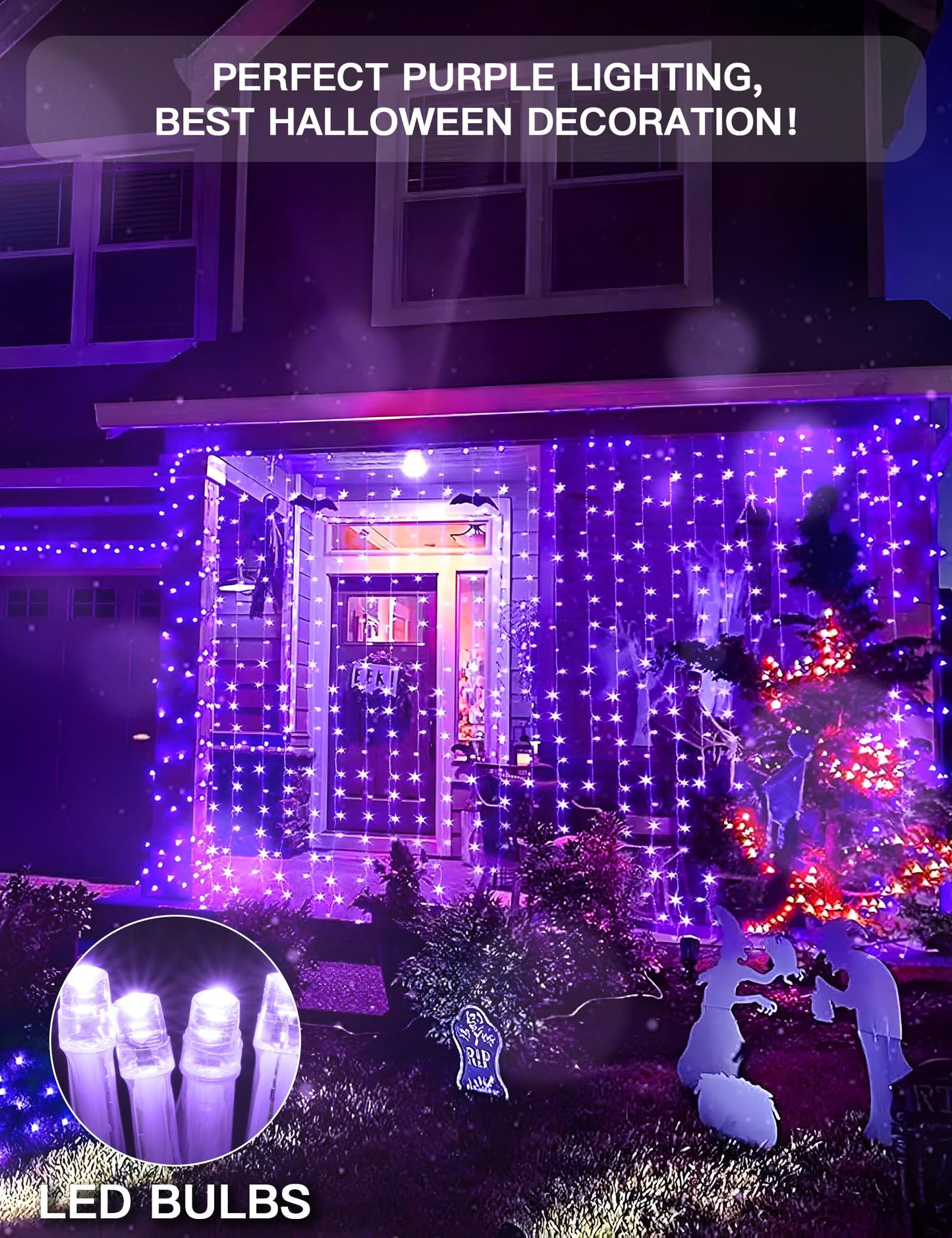 suddus Purple Curtain Lights for Halloween, 200 LED Hanging String Lights with USB Plug, Curtain String Lights Indoor for Bedroom Wall, Christmas, Party, Porch, Holiday Decorations, 6.5ft * 6.5ft