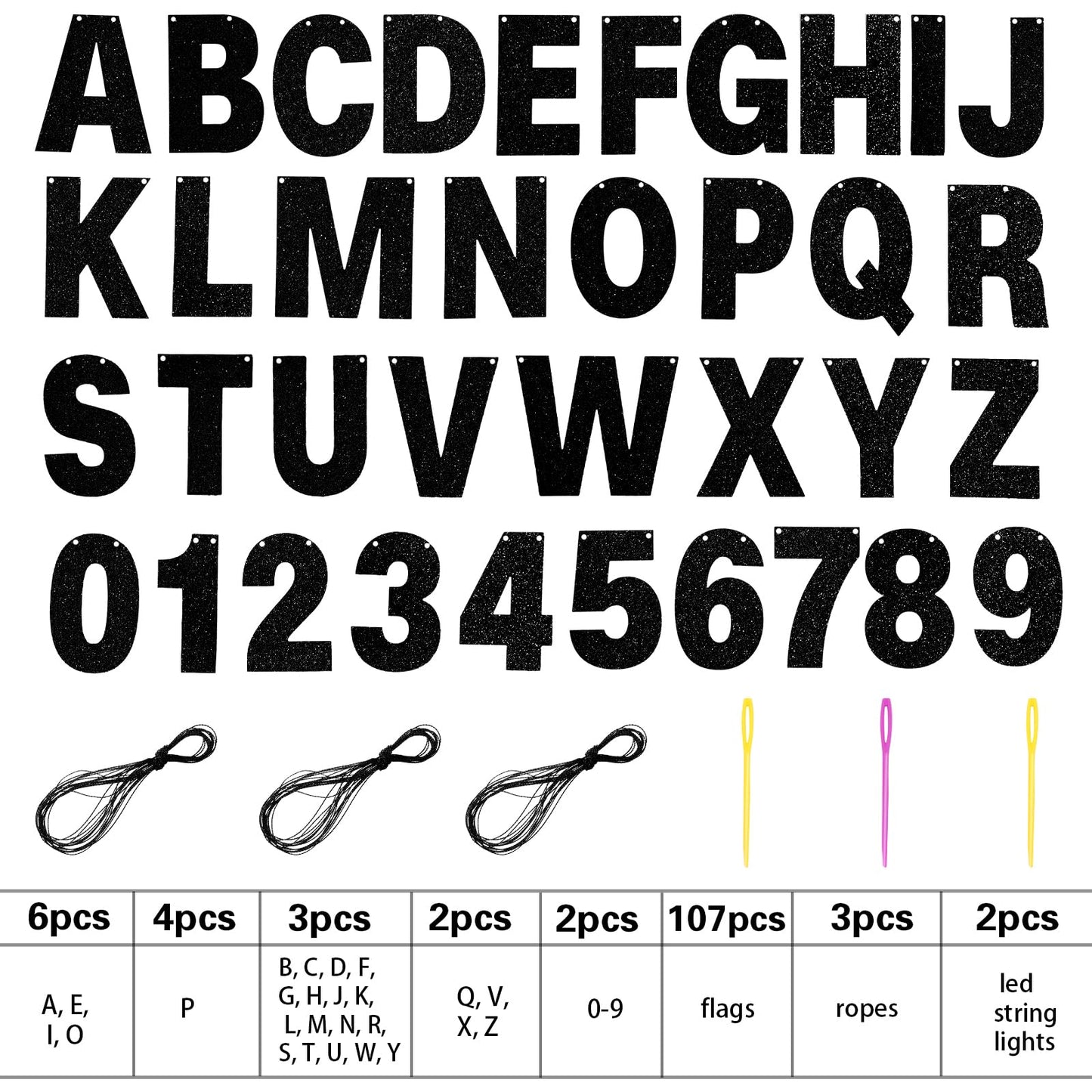 TaoBary 112 Pcs DIY Letter Kit Glitter Customizable Banner Letters Include 107 Letters and Numbers 3 Rope and 2 Needles for Birthday Halloween Christmas Wedding Valentine Party Decor(Black)