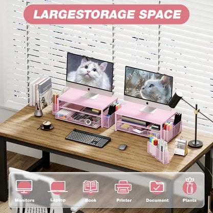 OPNICE Desk Organizers and Accessories, 2-Tier Computer Monitor Stand Riser with Drawer and 2 Pen Holders, Laptop Stand, Office Desk Accessories for Office Supplies, Pink