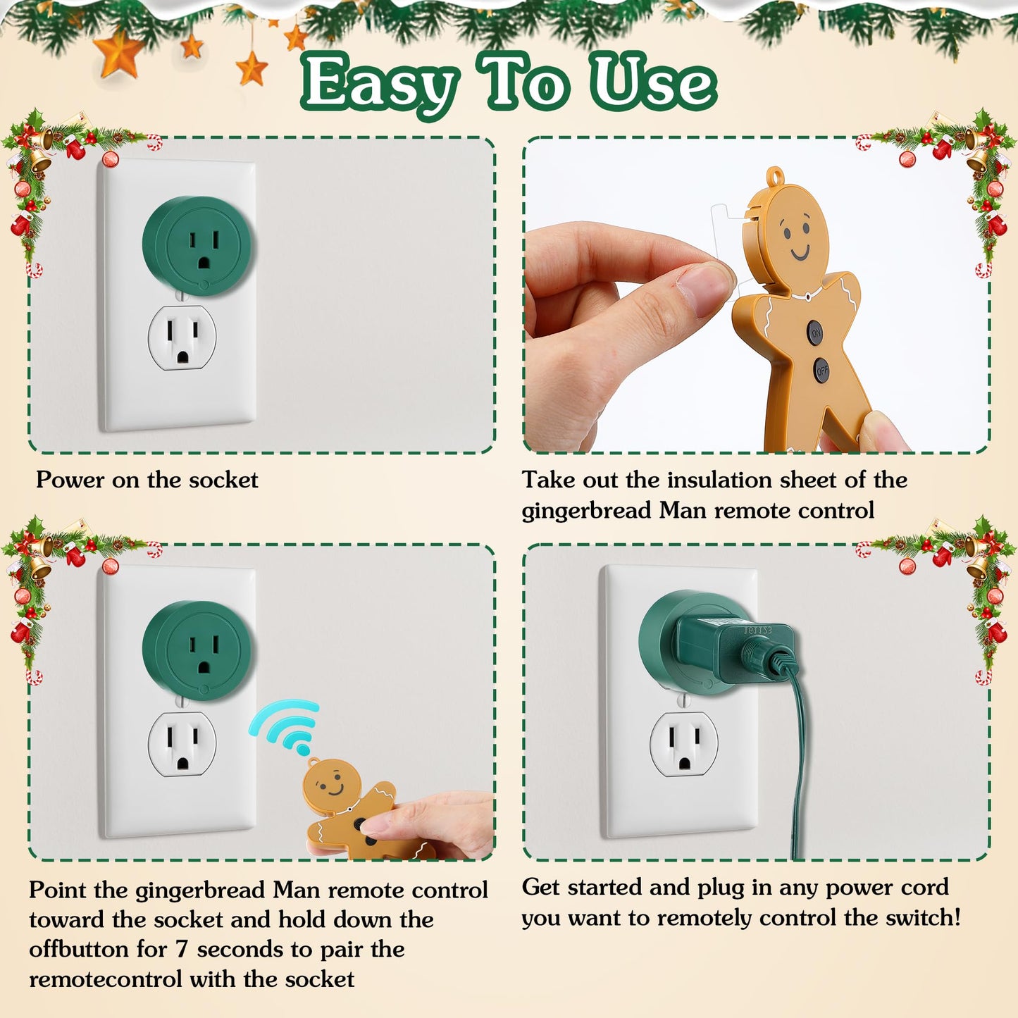 Enhon Wireless Remote Switch for Christmas Tree Lights, Works Up to 82 Feet Away, Gingerbread Man Wireless Remote with Electrical Outlet for Christmas Tree and Light