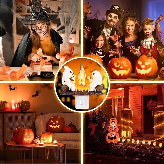Ghost Campfire Night Light, White Plastic, LED Flickering Flame Effect, Indoor Decorative Wall Plug-in, Spooky Decor for Kids Bedroom