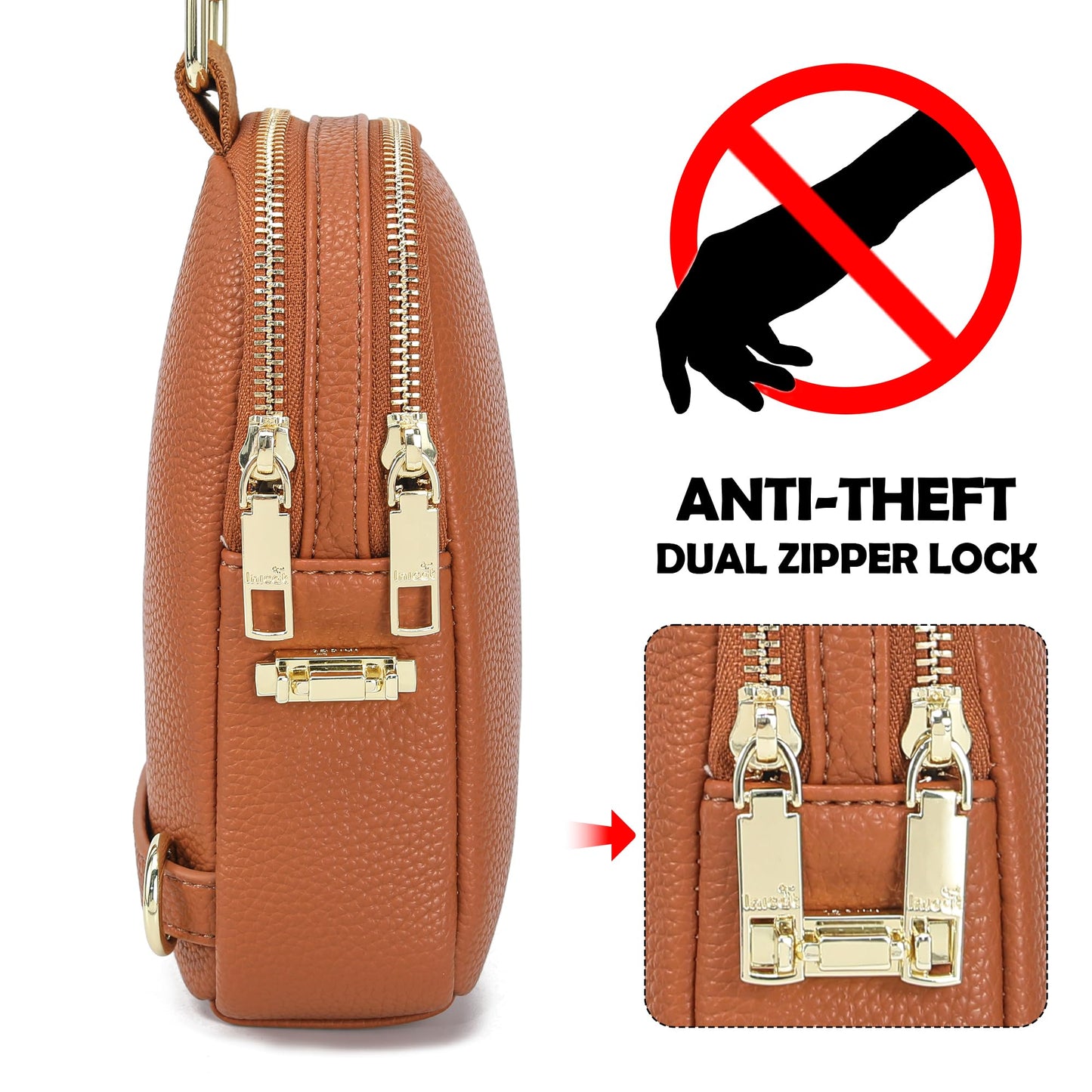 INICAT Anti Theft Crossbody Bag for Women, Small RFID Blocking Sling Purse with Zipper Lock for Travel, Vegan Leather(Brown)