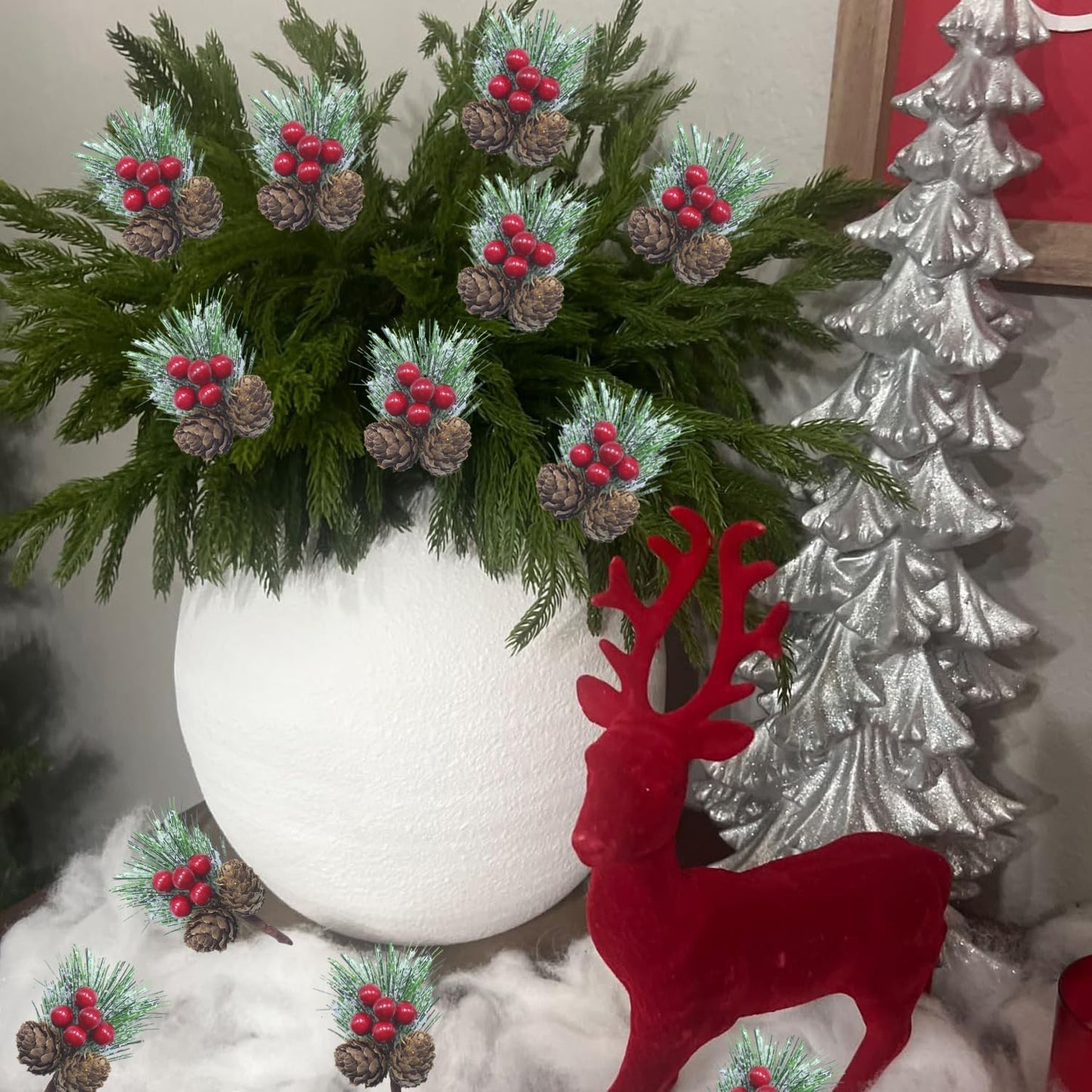 Snow Frosted Christmas Picks and Sprays, 20Pcs Artificial Pine Needles Branches with Red Berries, Pine Cones for Crafts, Floral Picks for Christmas, Winter Decor, Gift Wrap Embellishments (20)