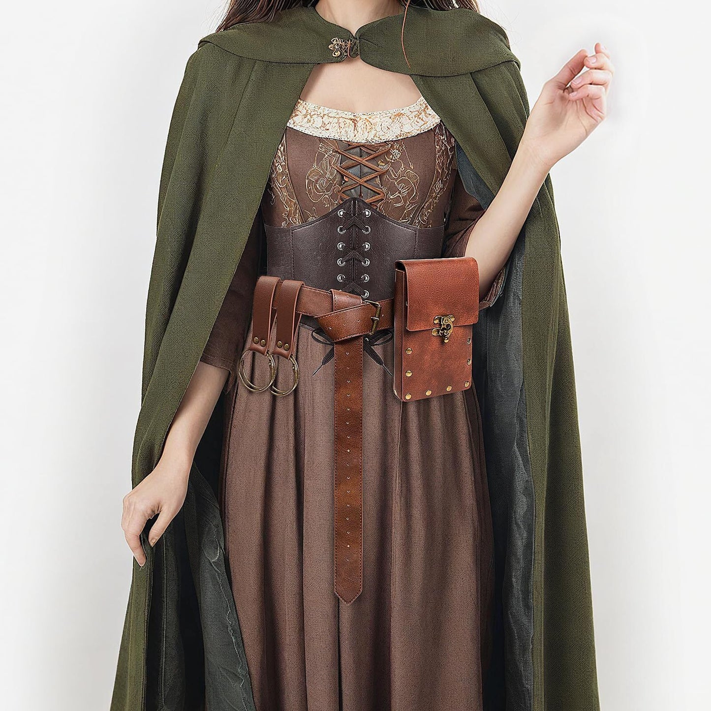 KOTORA Renaissance Costume Sets Corset Waistband Belt Pouch Purse Skirt Hike Steampunk Medieval Halloween Ren Faire Accessories (Brown, S/Waist 25.6"-34")