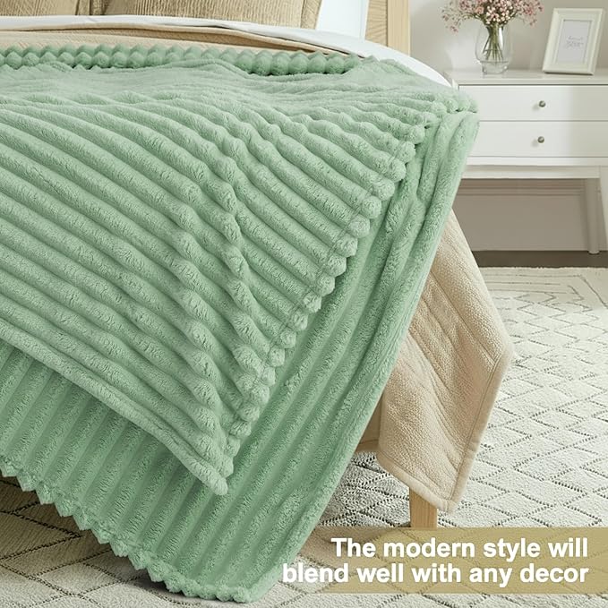 decorUhome Soft Fleece Sage Green Blanket King Size for Bed, Cozy Fluffy Plush Flannel Large Striped Throws for Couch Sofa, Lightweight Decorative Fuzzy Blanket for Woman, 108x90 Inches