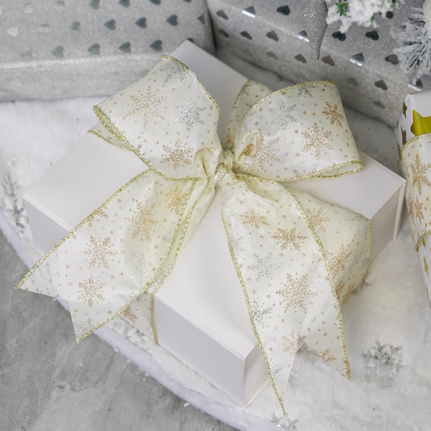 AIMUDI Ivory Snowflake Ribbon 2.5" Ivory and Gold Christmas Satin Wired Ribbon for Gift Wrapping Christmas Trees Wreaths Garlands Crafts Tree Topper Bows Home Decor- 10 Yards