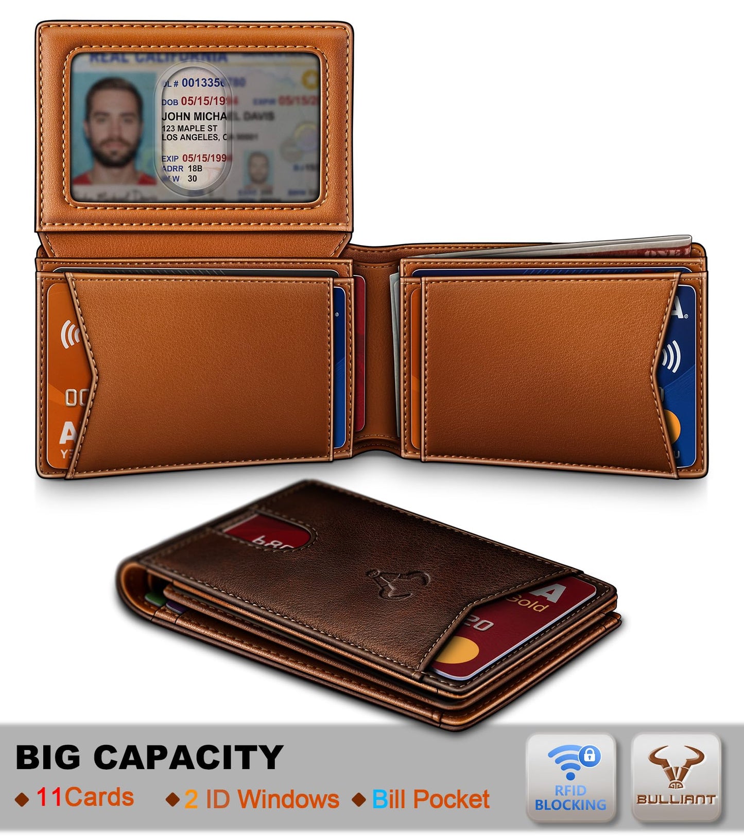 BULLIANT Men Wallet, Slim Leather Wallet Front Pocket Card Holder Gift For Men 11 Slots RFID Blocking