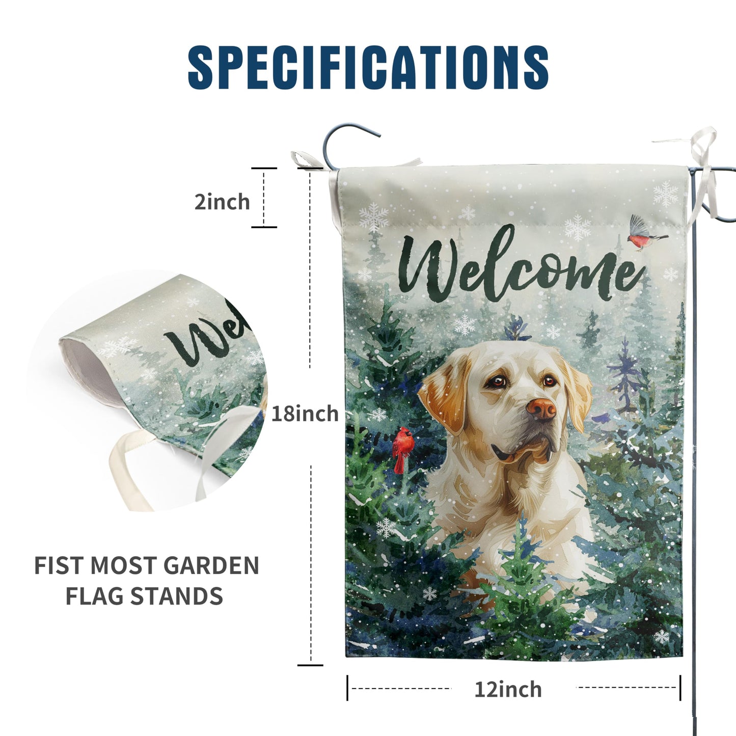 Welcome Winter Garden Flags White Lab Garden Flag Cardinal Birds on Snowy Pine Tree Flag Labrador Dog Yard Flags for Outside 12x18 Double Sided Christmas Decorative Lawn Flags
