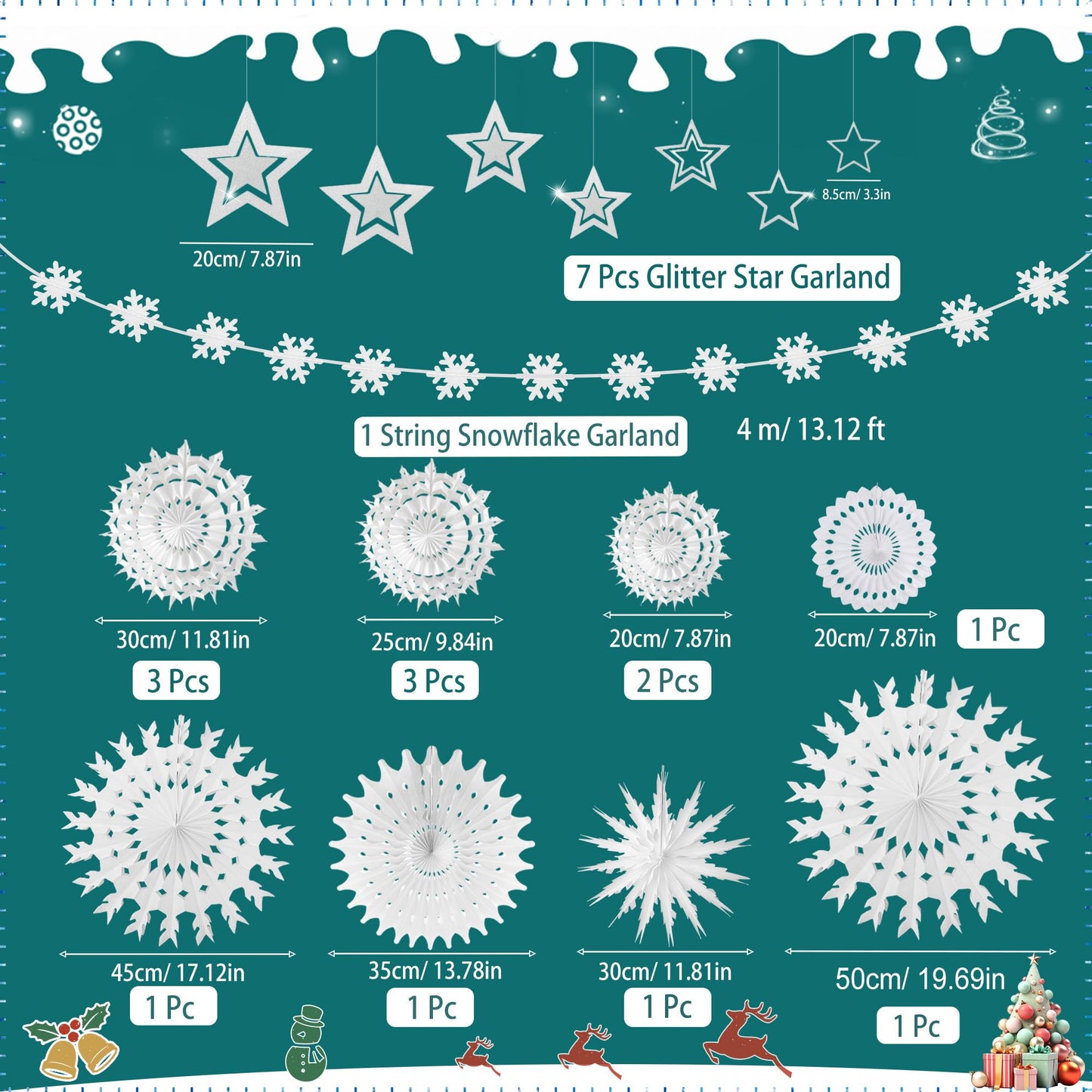 WNSIRVY 21 Pcs White Snowflake Decorations Christmas Paper Hanging Fans Decor Winter Wonderland Party Decorations with Frozen Snowflake Garland Star Hanging for Xmas Winter Wedding Birthday