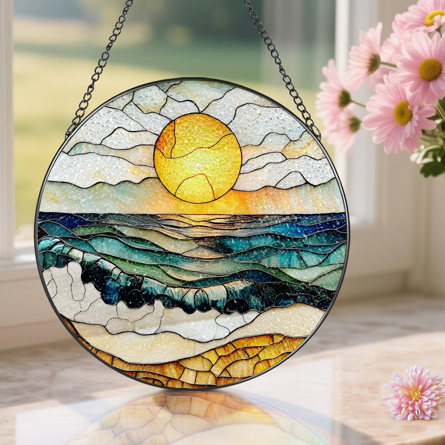 8-Inch Stained Glass Ornament, Stained Glass Window Hanging, Window Hanging Decor Suncatcher, Beach Sunset Ornament | Summer Vibes Gift | Gifts for Beach Lovers, Friend & Family
