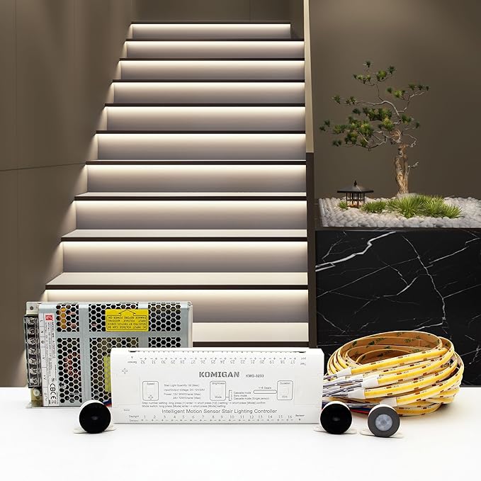 Intelligent Motion Triggered LED Stair Lighting Kit KMG-3233, 40" Cuttable Strip Light for Indoor LED Stair Lights (Cool White 6000K,20 Stairs)