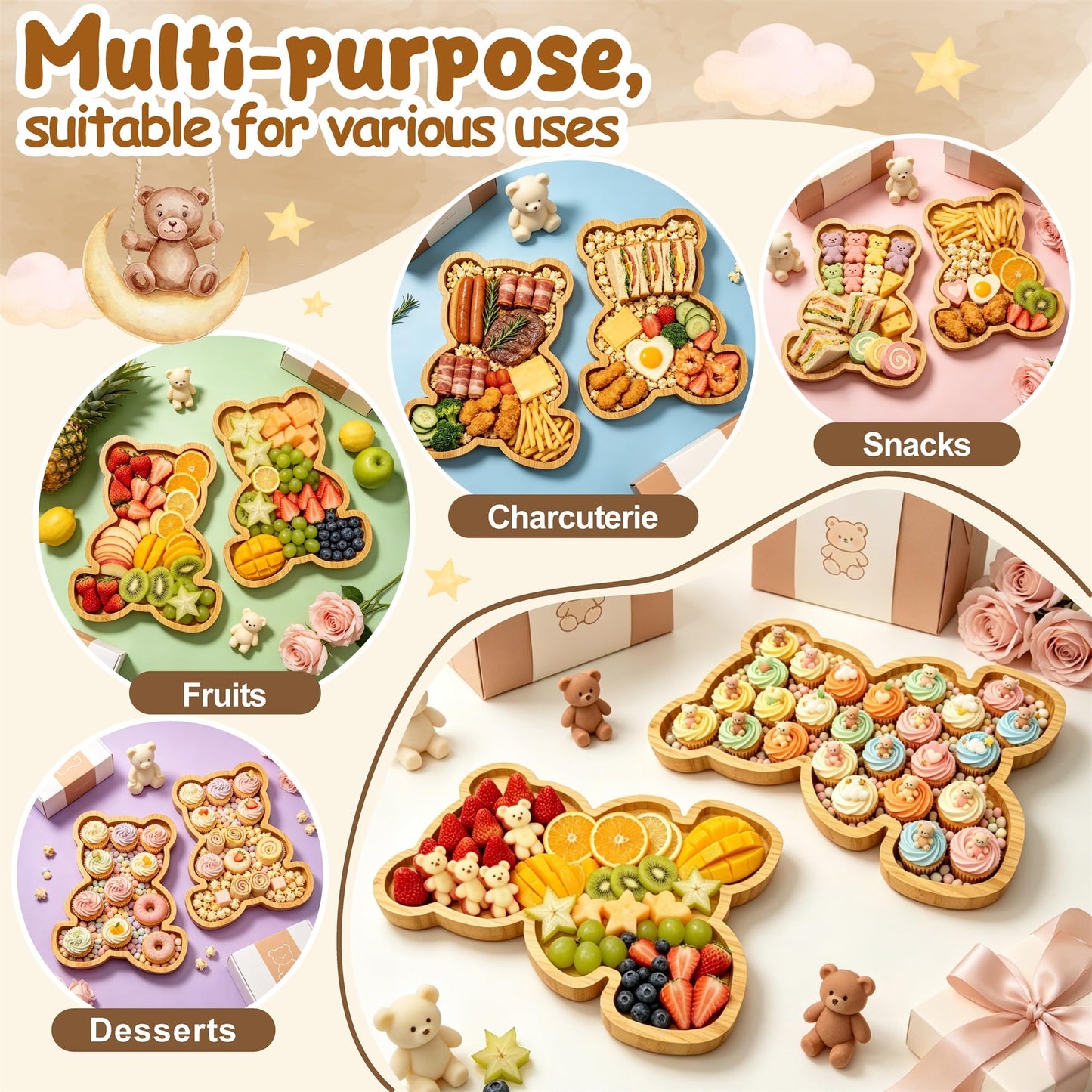 2pc Charcuterie Boards Platters Bear Baby Shower Food Trays Wooden Bear Party Decorations Gender Reveal Food Display Snack Tray Kids Birthday Party Plates Fillable Serving Board for Fruit Cheese