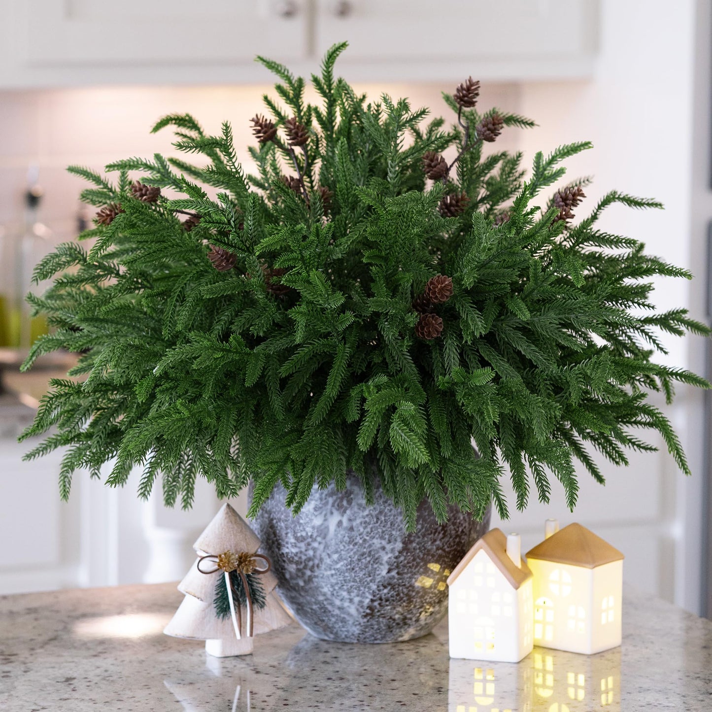 HyeFlora 14 PCS Christmas Norfolk Pine Stems with Small Pine Cones Branches, 19 In Real Touch Artificial DIY Greenery Pine Needles Picks,Xmas Faux Cedar Pine Branche for Vase Indoor Outdoor Home Décor