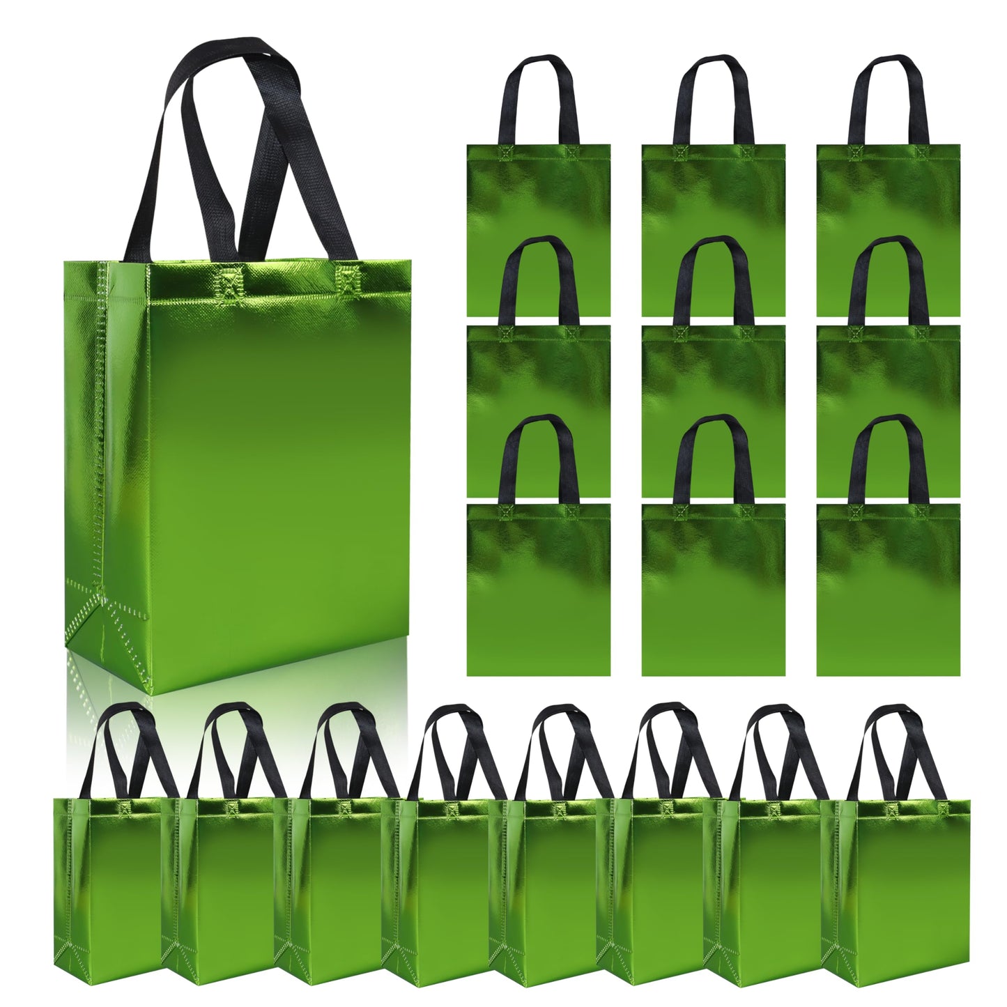 cabzymx Glossy Small Gift Bags 18 pcs, Light Green Non-woven Christmas Treat Bags, 7.9 x 3.9 x 9.8 In Reusable Goodie Bags Bulk with Sturdy Base for Birthday, Wedding, Easter, Thanksgiving, Holiday