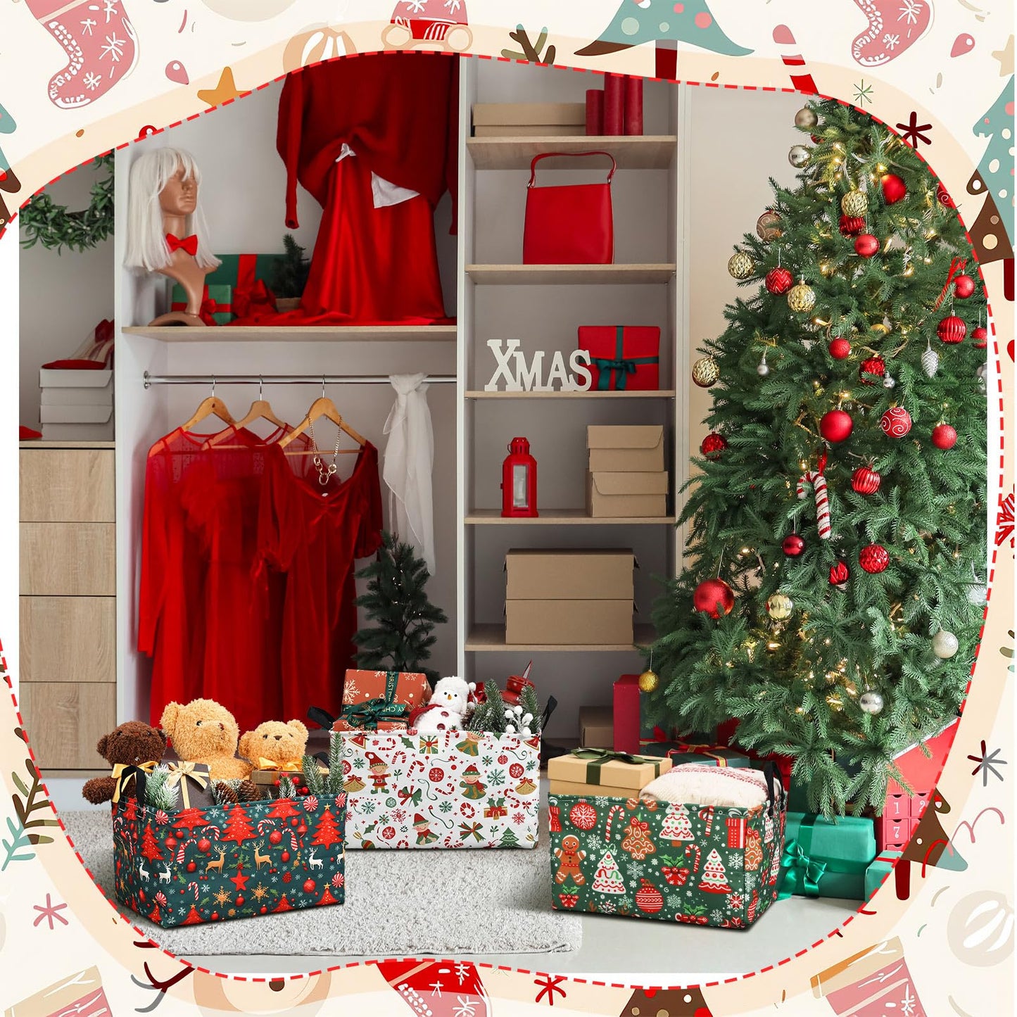 Bulyoou 4pcs Christmas Storage Basket Fabric Laundry Baskets with Handle Xmas Foldable Organizer Boxes for Office Home Baby Cloth Toy Book 15 x 10 x 8(Retro)