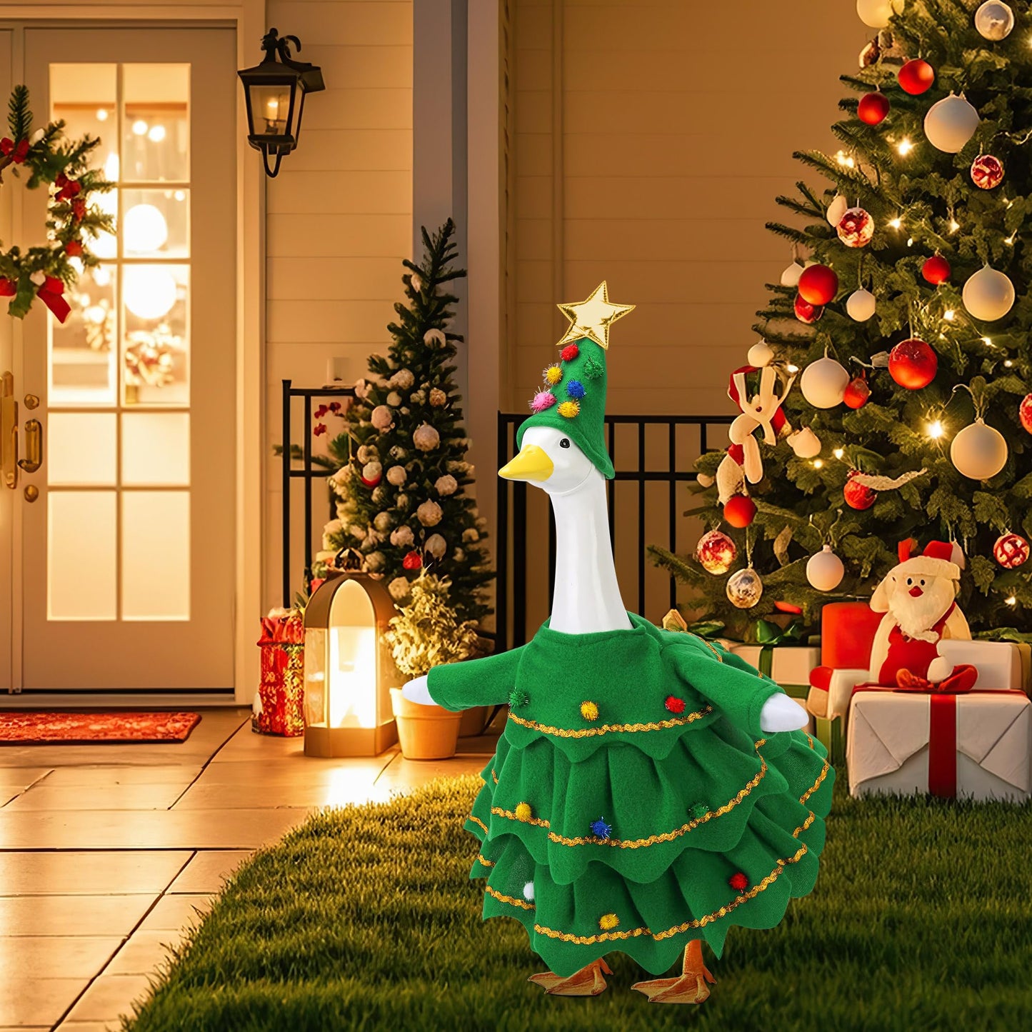 Watayo 2 Pcs/Set Christmas Tree Porch Goose Outfits, Lawn Goose Statue Xmas Tree Costume, Green Christmas Garden Goose Clothes Dress and Hat for 23" High Statue Xmas Holiday Patio Yard Decor