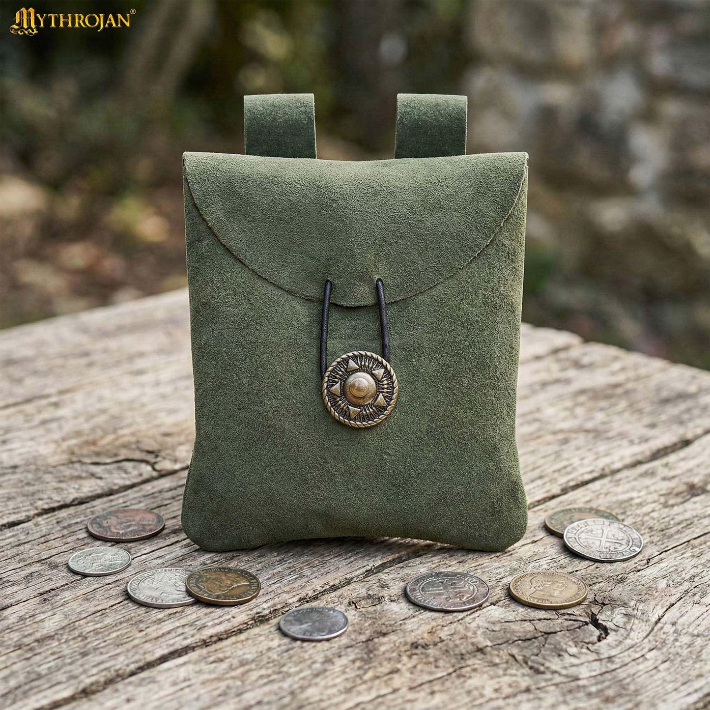 Mythrojan Medieval Renaissance Suede Jewelry Belt Pouch LARP Costume Waist Bag - Dark Green