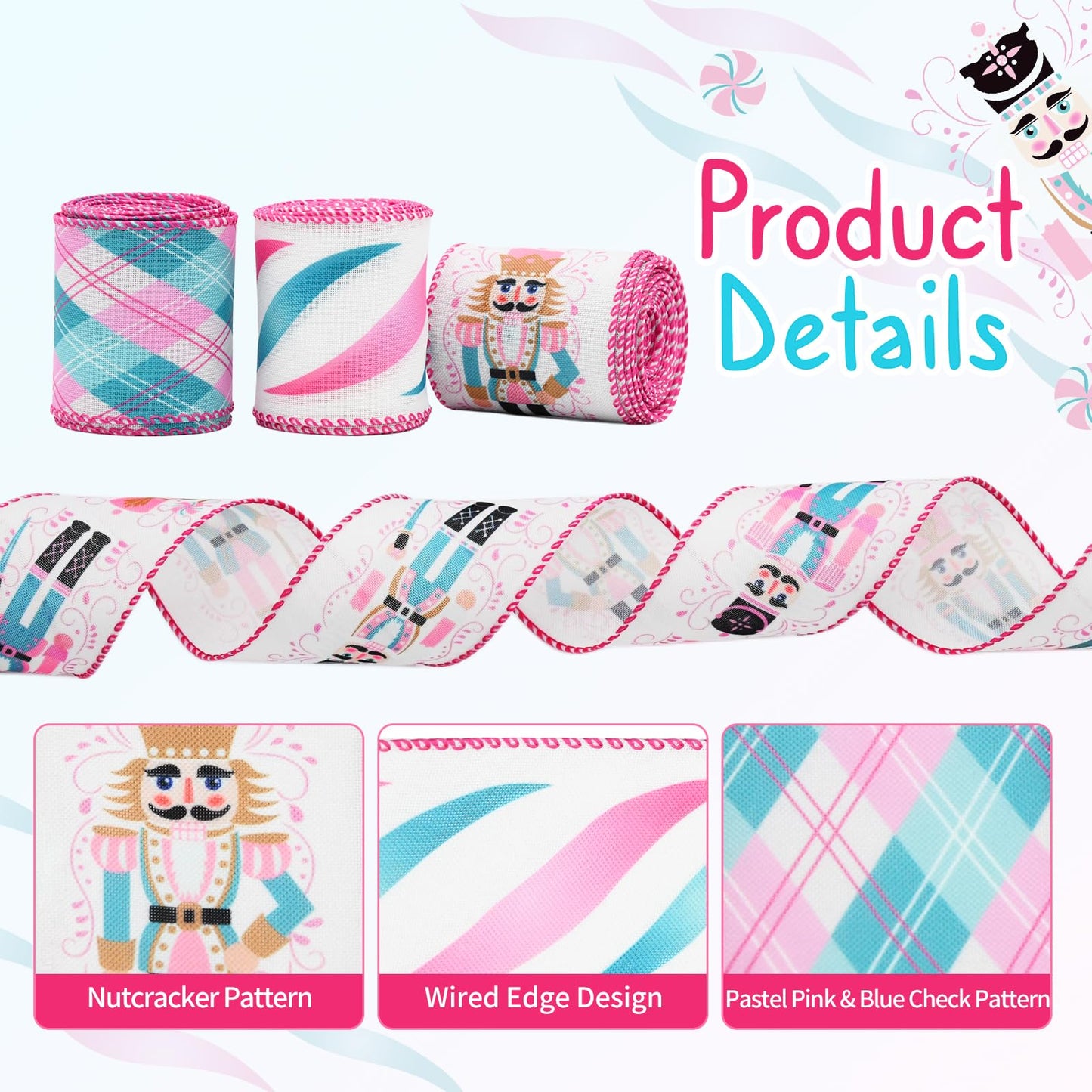 CRAFLOX Pastel Christmas Nutcracker Wired Ribbon for Wreath Bows, 3 Rolls, 2.5″ Wide, 15 Yards Total, Pastel Pink & Blue Check Wired Edge Ribbon for Crafts Supplies, DIY Bows