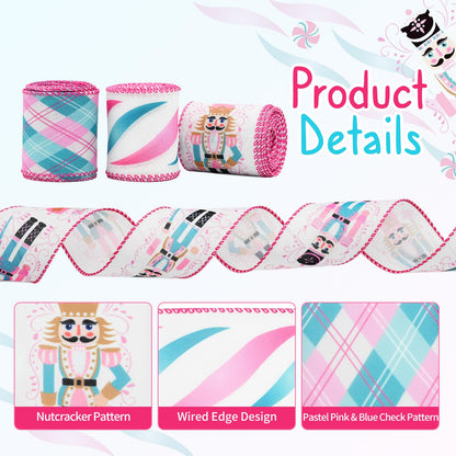 CRAFLOX Pastel Christmas Nutcracker Wired Ribbon for Wreath Bows, 3 Rolls, 2.5″ Wide, 15 Yards Total, Pastel Pink & Blue Check Wired Edge Ribbon for Crafts Supplies, DIY Bows