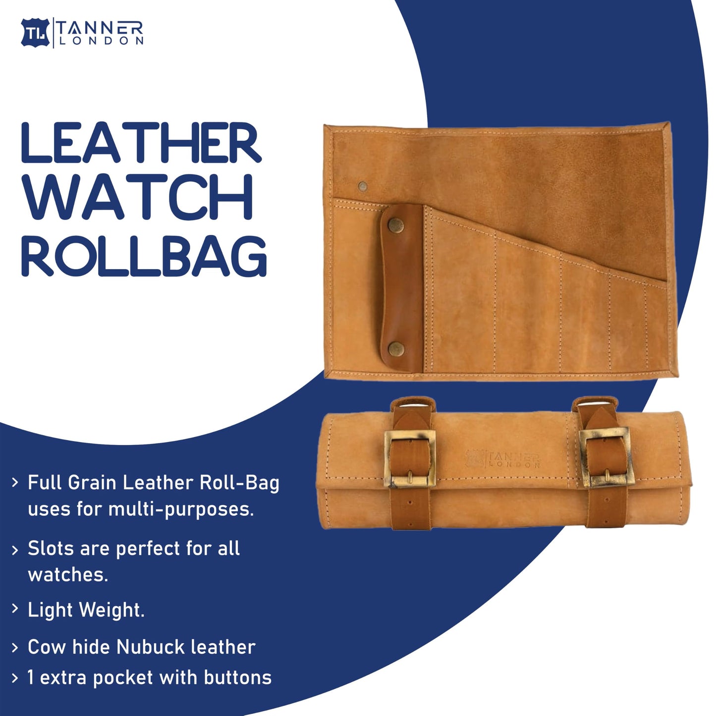 TANNER LONDON Leather Roll Bag, Full Grain Cowhide Tool Organizer, 35.3 x 25.1 cm, Green and Tan, Multi-Purpose with 5 Slots for Knives and Tools (Tan)