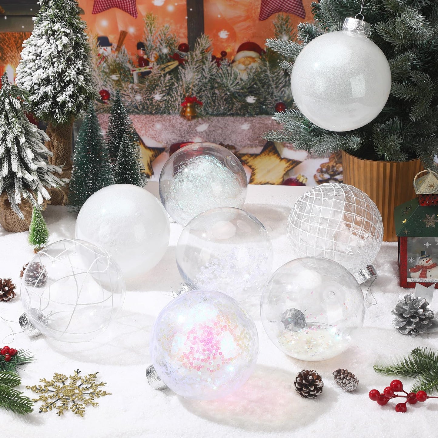 Wettarn Set of 8 Transparent Large Christmas Ball Ornaments 6 Inch Glitter Hanging Plastic Balls Christmas Tree Decorations for Lawn Yard Garden Party with Exquisite Filling Decoration(Silver White)