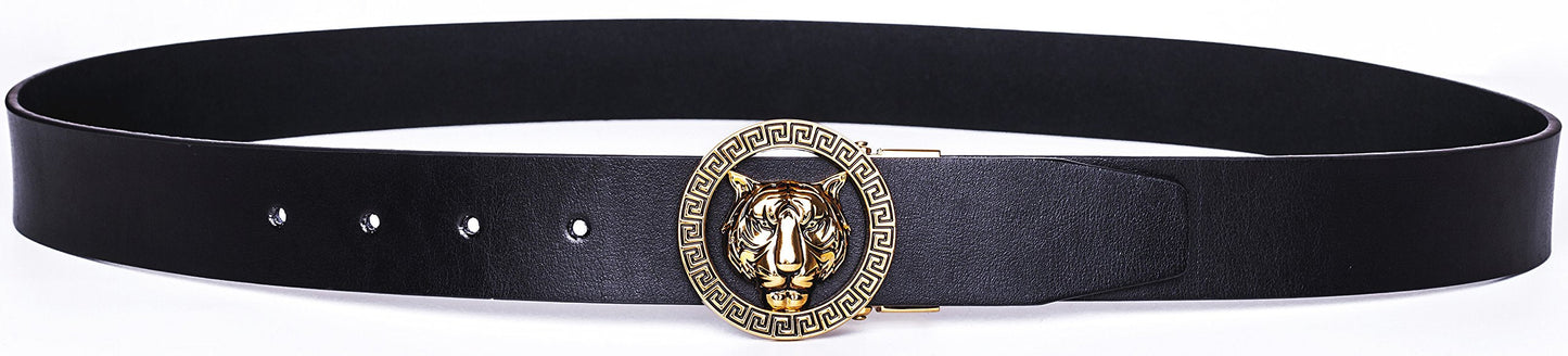 Old John leather Men's Luxury Gold Tiger Buckle 35-mm Italian Leather Belt (105cm/41.3inch(34-36), Black)
