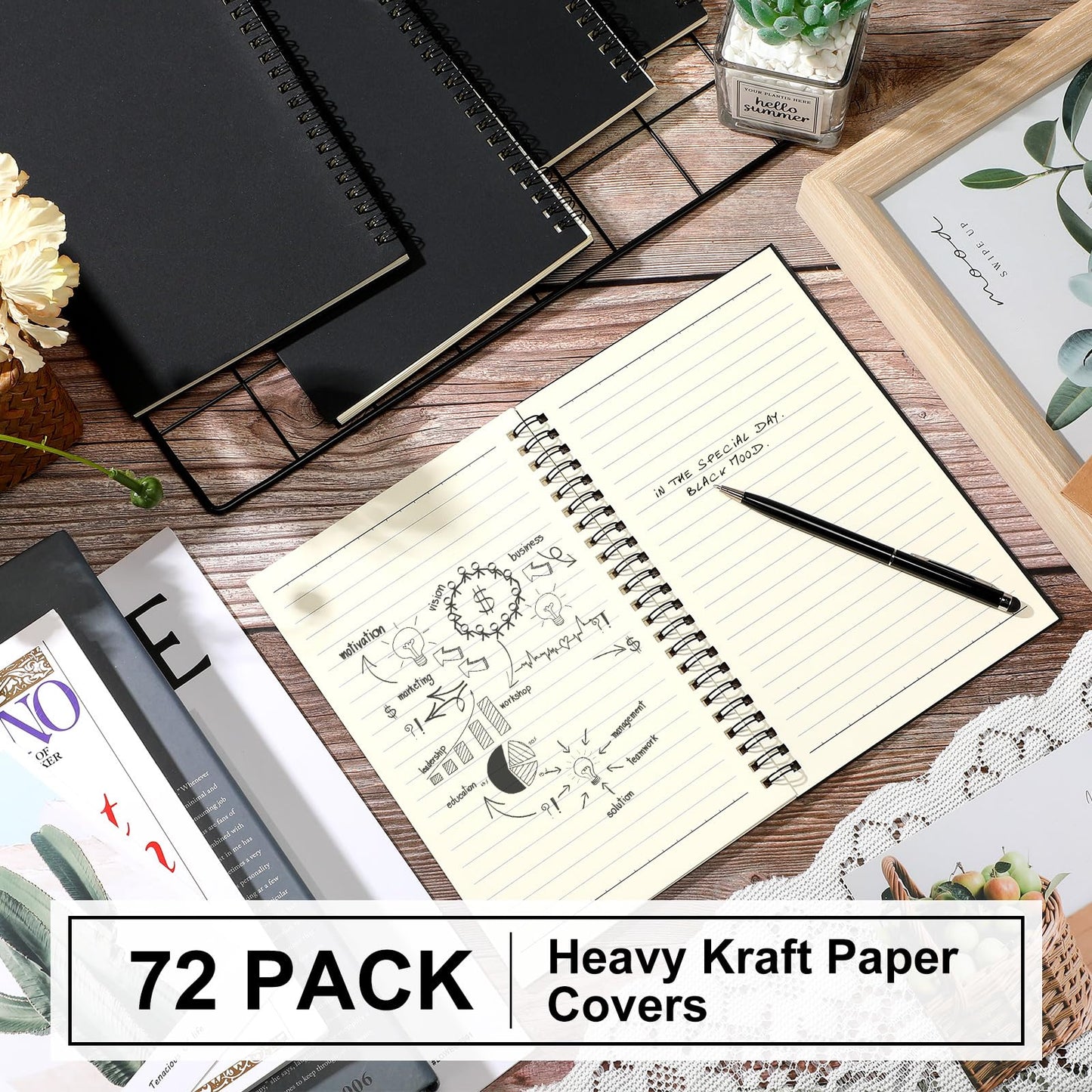 Yahenda 72 Pcs Spiral Notebook Bulk A5 Journal Lined 8.3'' x 5.5'' Writing Composition Paper Small Notepad Subject Notebook for Students Office Business Back to School Supplies (Black)