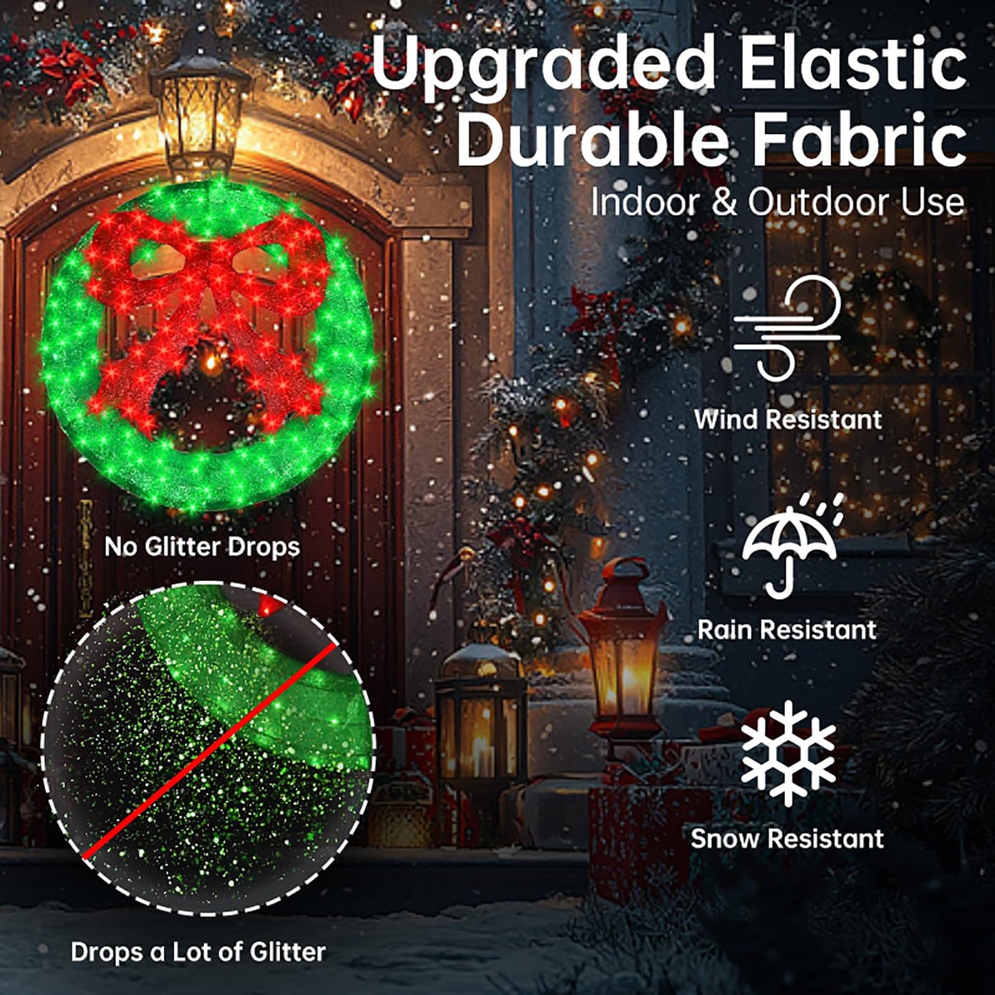 Outdoor Christmas Wreath Decoration - 36" Bright LED Christmas Wreath Lights with Bow, Large Lighted Christmas Wreaths Window Lights for Wall, Windows, Front Door Decor, Red Bow - Green Wreath
