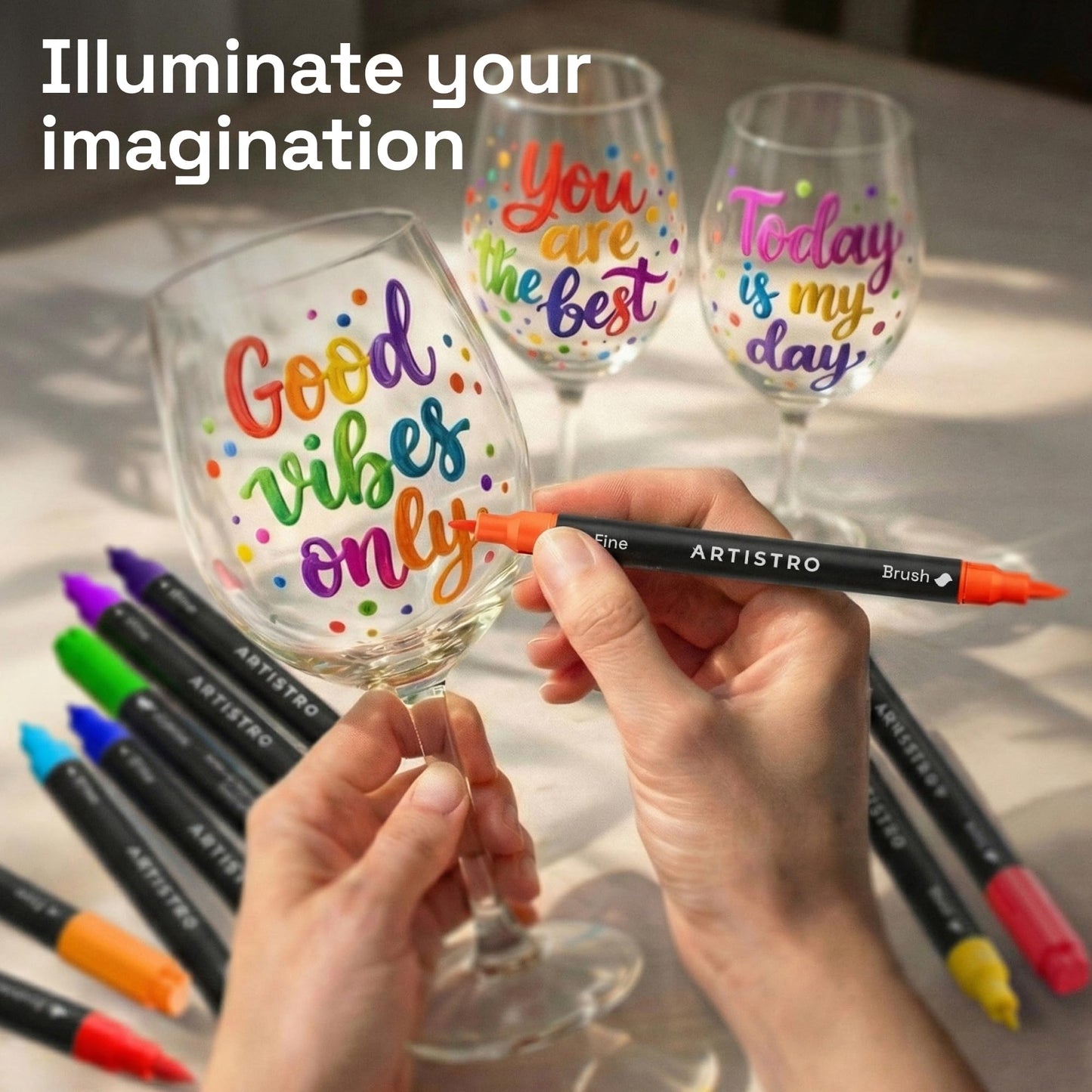 ARTISTRO 24 Glass Acrylic Paint Markers - Erasable Wine Glass Markers - Paint Pens for Windows, Mirrors, Ceramic and Mugs with Brush + Fine Dual-Tip Combo