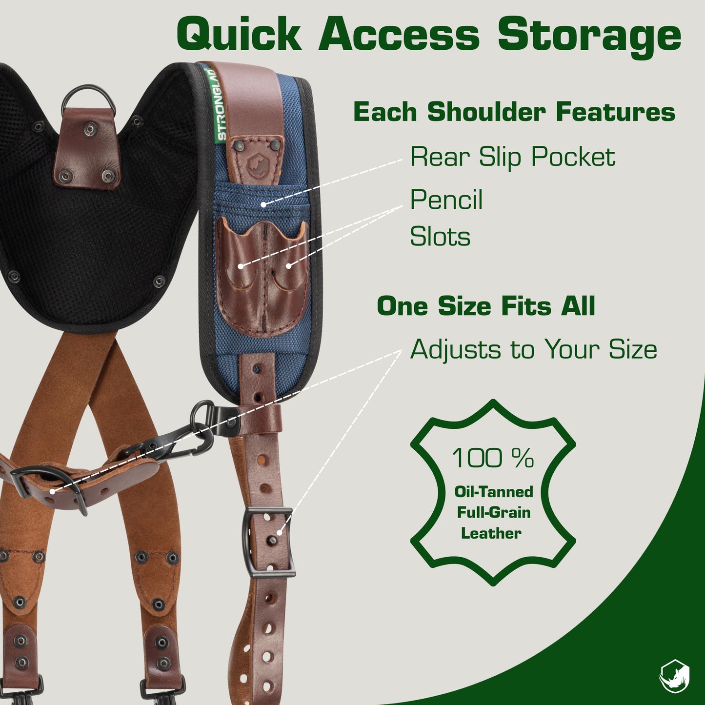 STRONGLAD Tool Belt Suspenders - Full-Grain Leather, 1680D Nylon, Padded Shoulder Straps, Adjustable Heavy-Duty Construction Support