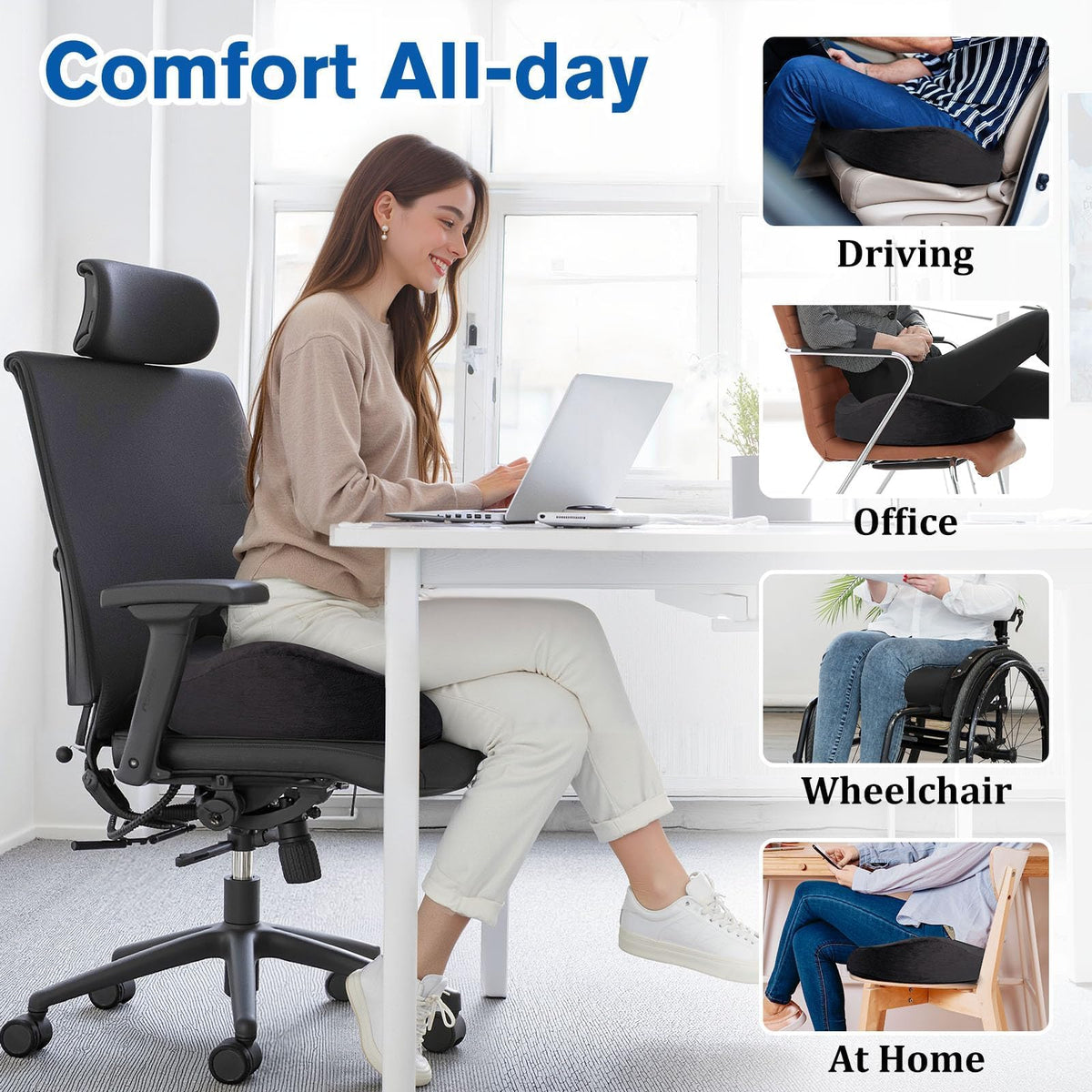 CushyOasis Seat Cushion, Gel Chair Cushions, Office Chair Cushions, Anti-Slip Bottom & Removable Cover Tailbone Pain Relief Cushion, Memory Foam Seat Cushion for Office, Wheelchair, Car (Black)