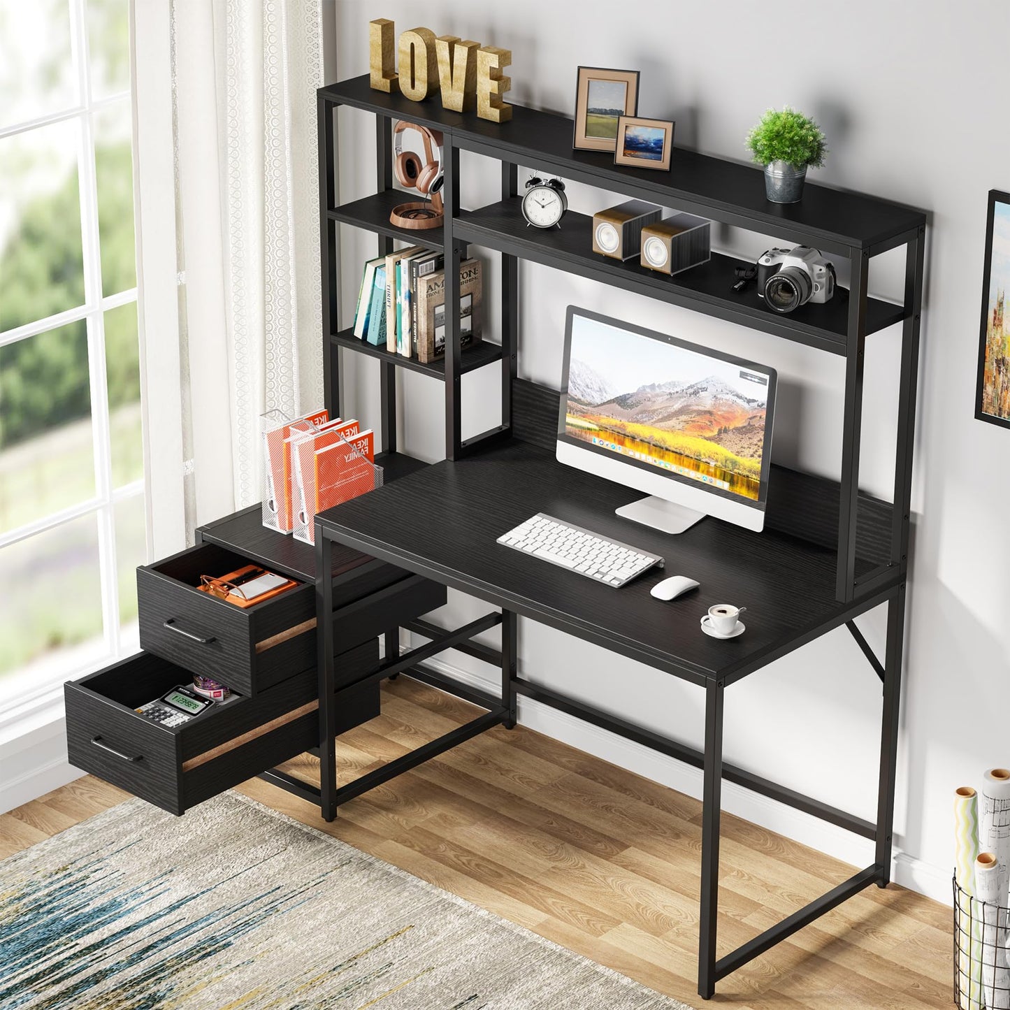 Tribesigns 55 Inch Computer Desk with 2 Drawers and Storage Shelves, Rustic Office Desk with Hutch, Study Writing Gaming Table Laptop Workstation for Home Office (Black)