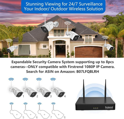 Security Camera System Wireless,Firstrend 1080P 8CH Wireless Home Security Systems with 4 pcs 2MP Full HD Cameras 1TB HDD Night Vision Motion Detection App for Indoor Outdoor Video Surveillance