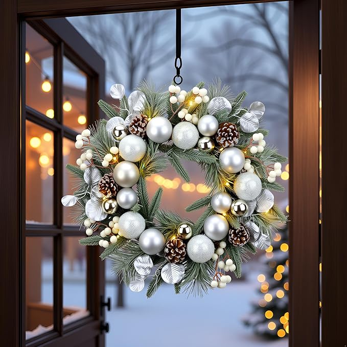 YULETIME 20-inch Christmas Wreath, Battery Operated Holiday Wreath with 20 Fairy Lights, Silvery Baubles, White Berries, Pine Cones, Silvery Leaves, Frosted Spruce Branches & Pine Needles (Silver)
