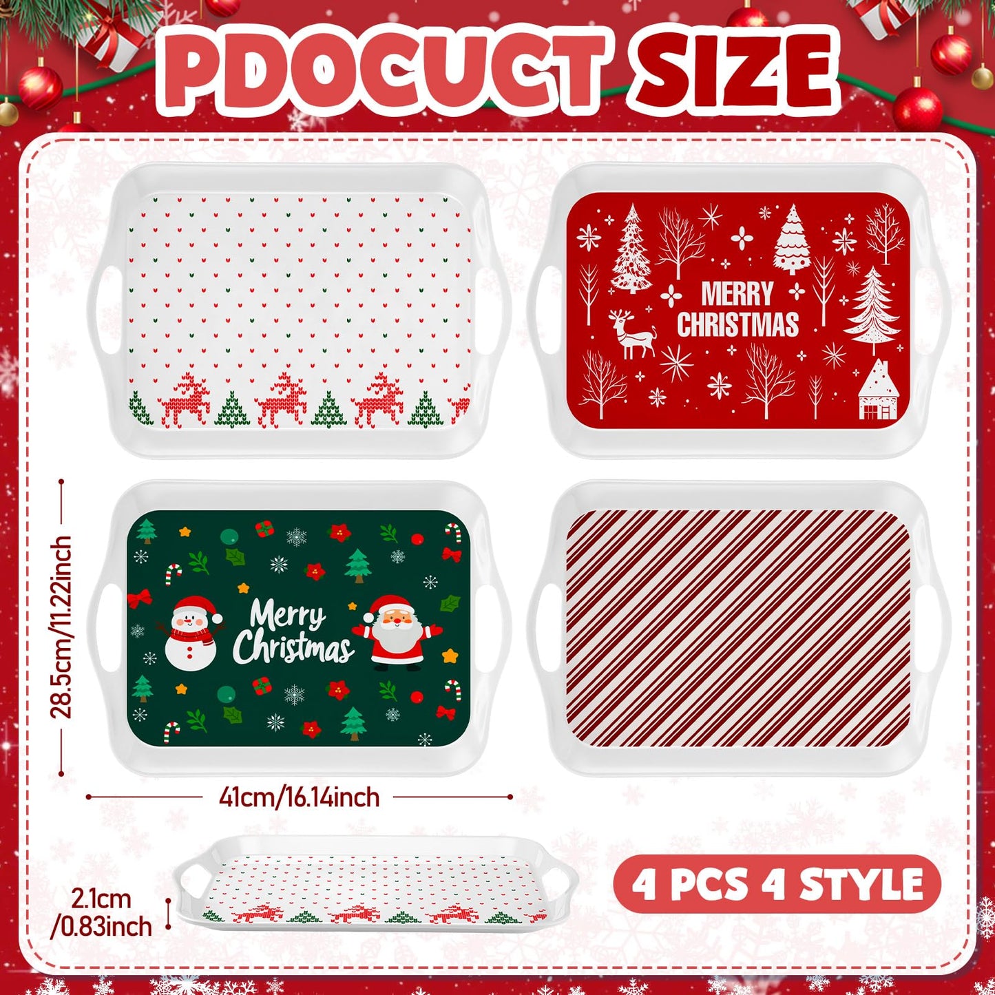Bokon 4 Pcs Christmas Serving Trays with Handles 16"x 11" Large Christmas Platters Serving Dish Rectangular Xmas Tree Winter Holiday Food Tray for Snack Cookie Candy Dessert Plate Party(Classic Xmas)