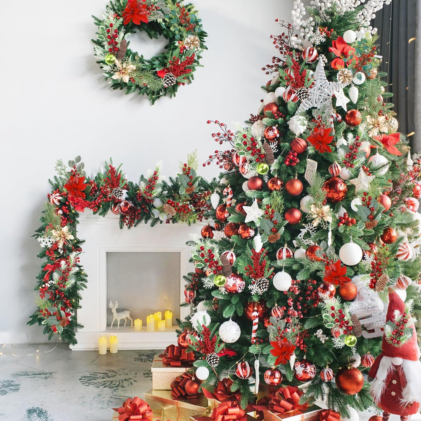 HNGWLYN Artificial Christmas Picks 8 Pack Red Berries Stems Evergreen Faux Pine Branches Christmas Picks Spray Pine Cones Holly Leaves for Winter Holiday DIY Craft Garland Wreath Ornament