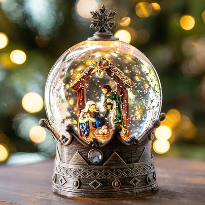 Christmas Snow Globe Lantern Water Glittering Nativity Crown with Music, USB Lined/Battery Operated Lighted Lantern for Christmas Festival Decoration Gifts