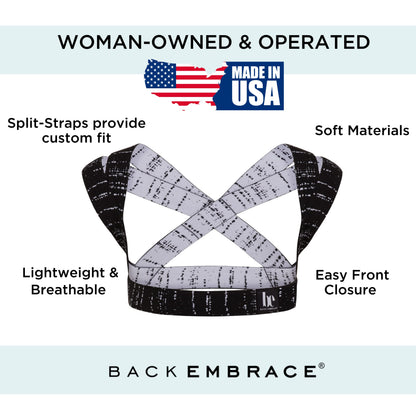 BackEmbrace Posture Corrector for Women and Men - Made in USA - Slim and Adjustable Shoulder Brace - Back Brace for Back Pain Relief - Black Drizzle XL