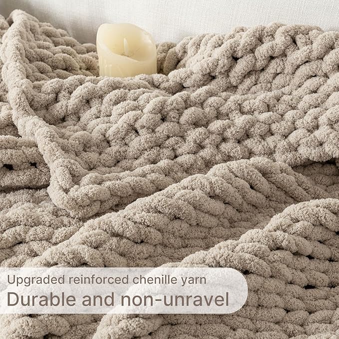 Chunky Knit Blanket Throw, 100% Hand Knit Throw Blanket Handmade Chenille Cable Knit Throw for Couch, Stylish Cozy Soft Rope Knot Crochet Blanket for Home Decor, Beige Linen, 60x80 Inches